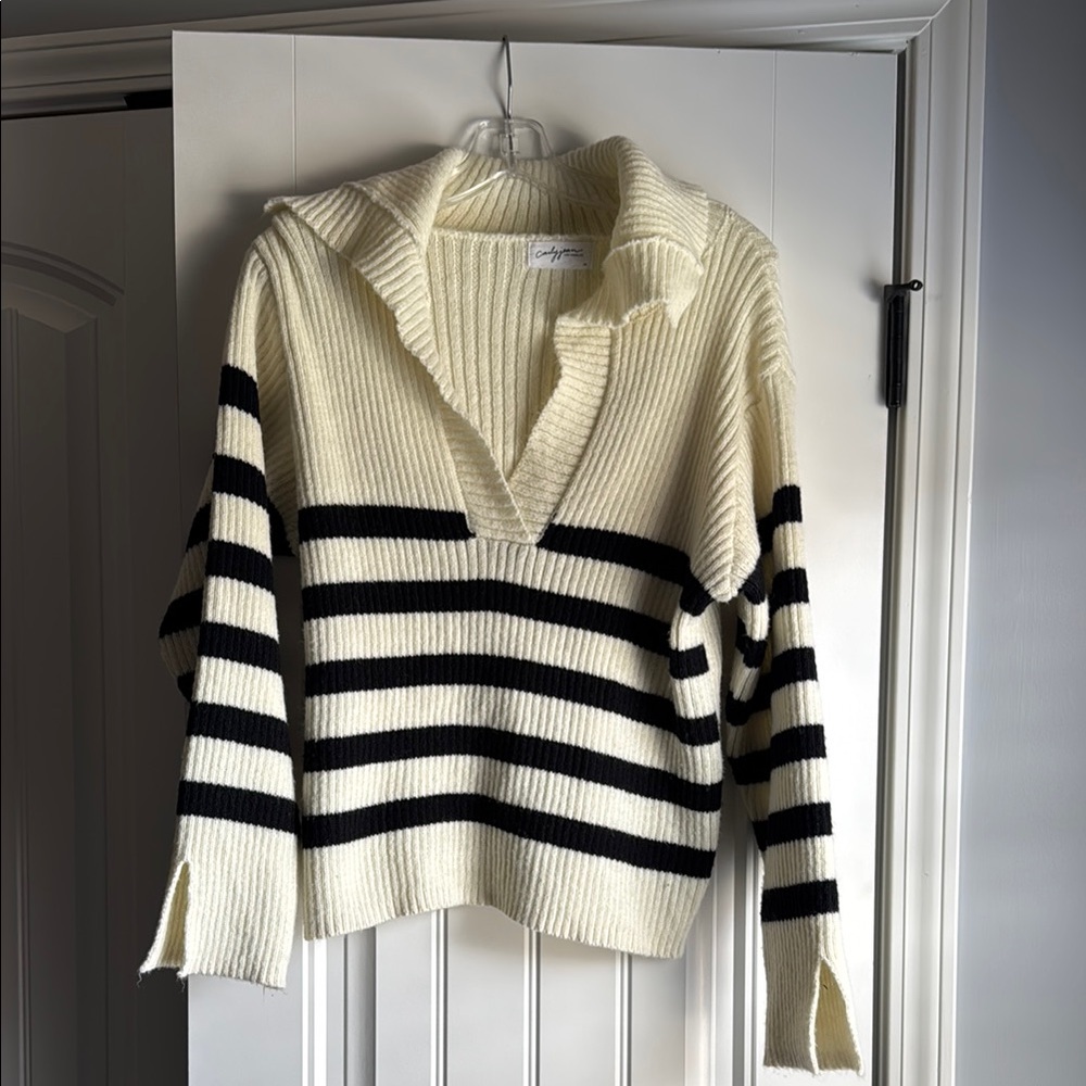 Carly Jean Los Angeles V-Neck Sweater in Cream and Black
